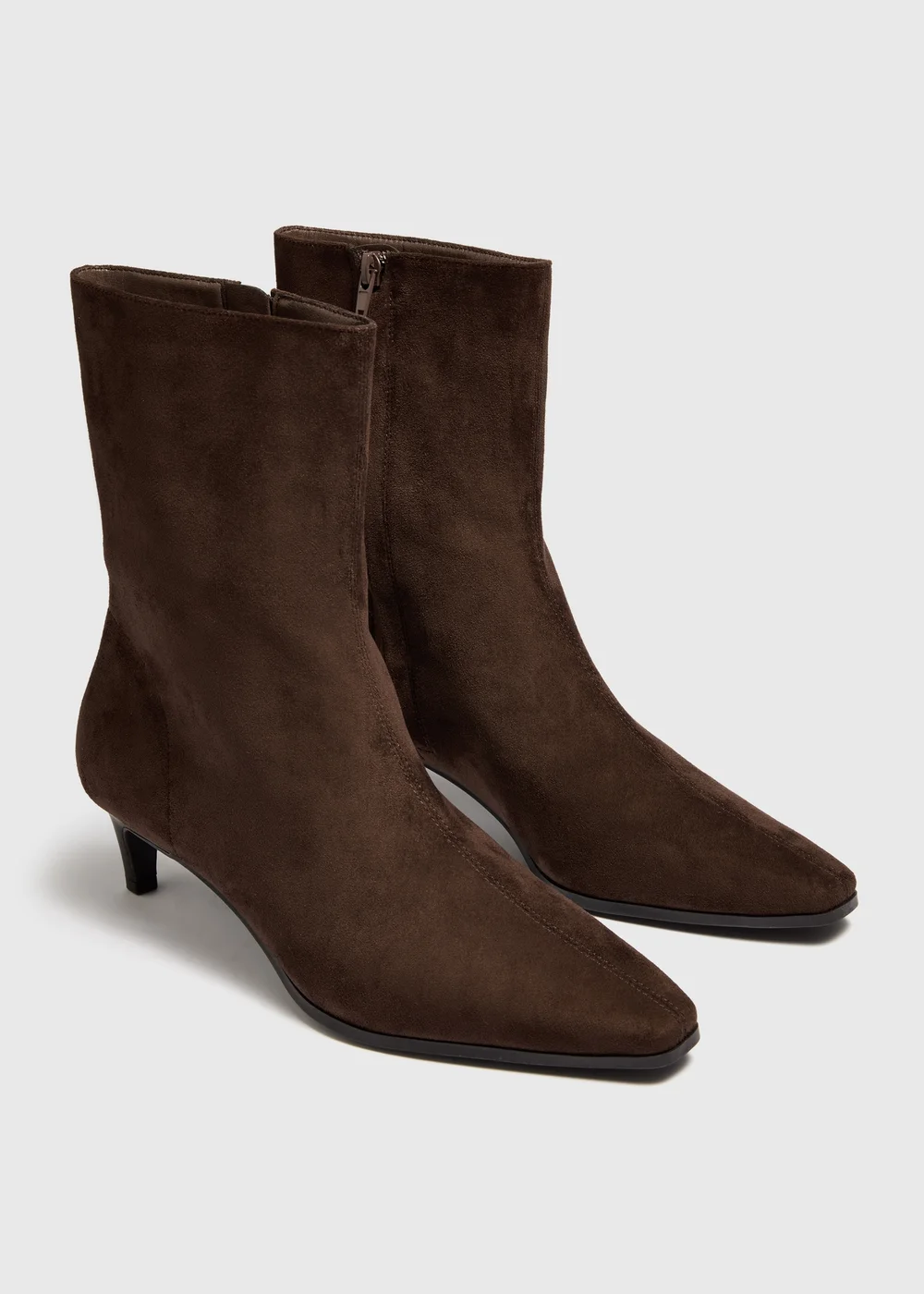 Chocolate Brown Faux Suede Peg Heel Ankle Boots - 4 Image 1