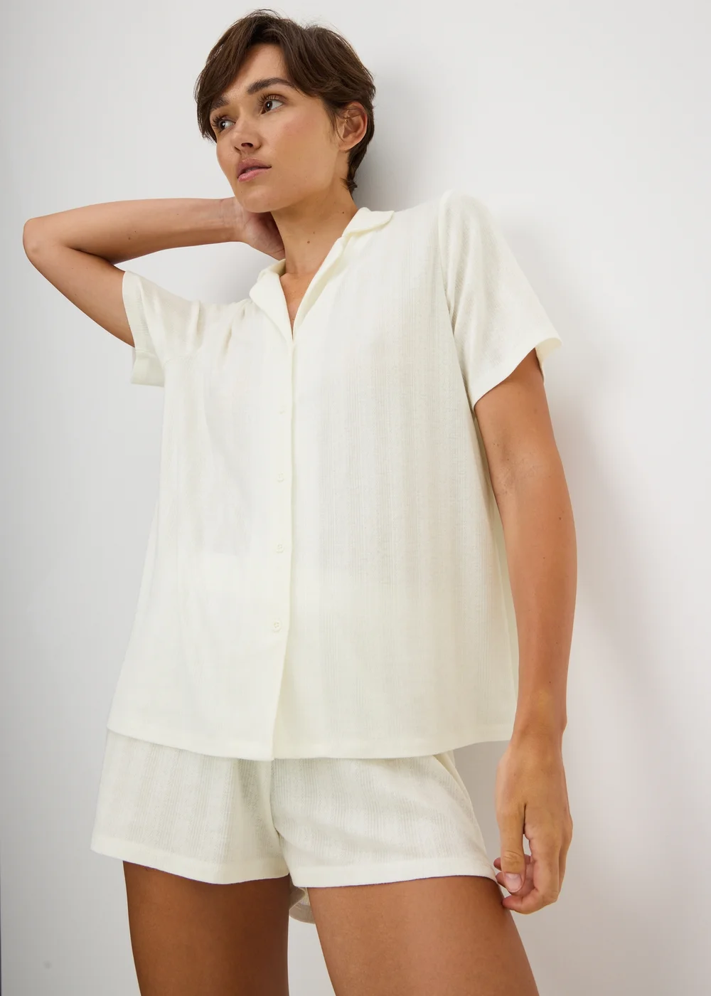 Cream Boxy Pointelle Button Up Pyjama Set - XS Image 1