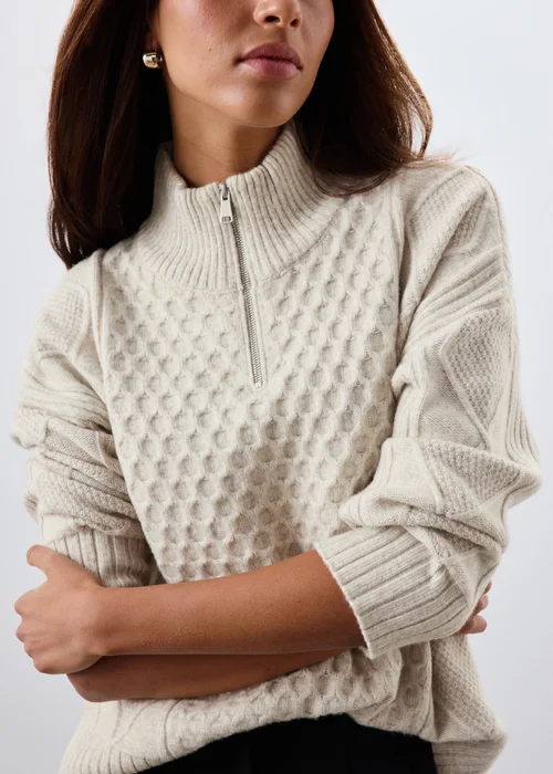 Oatmeal Quarter Zip Cable Knit Jumper - XS Image 3