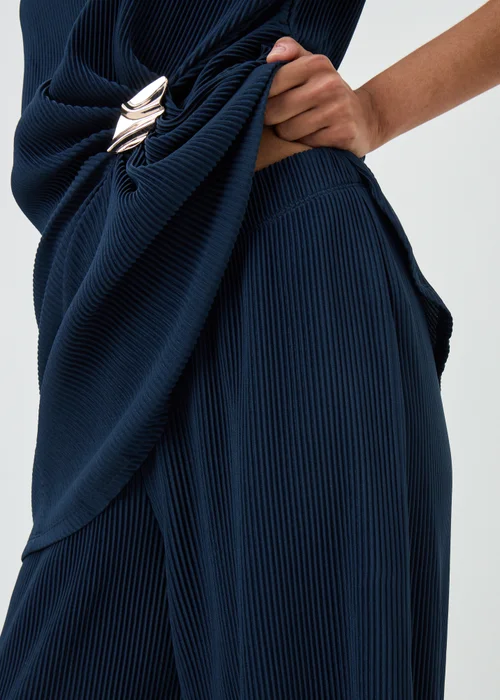 Navy Plisse Wide Leg Co Ord Trousers - 20/L29 Image 3