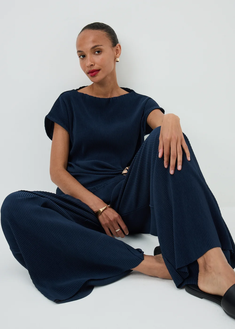 Navy Plisse Wide Leg Co Ord Trousers - 20/L29 Image 1