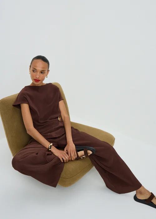 Chocolate Brown Plisse Wide Leg Co Ord Trousers - 8/L31 Image 1
