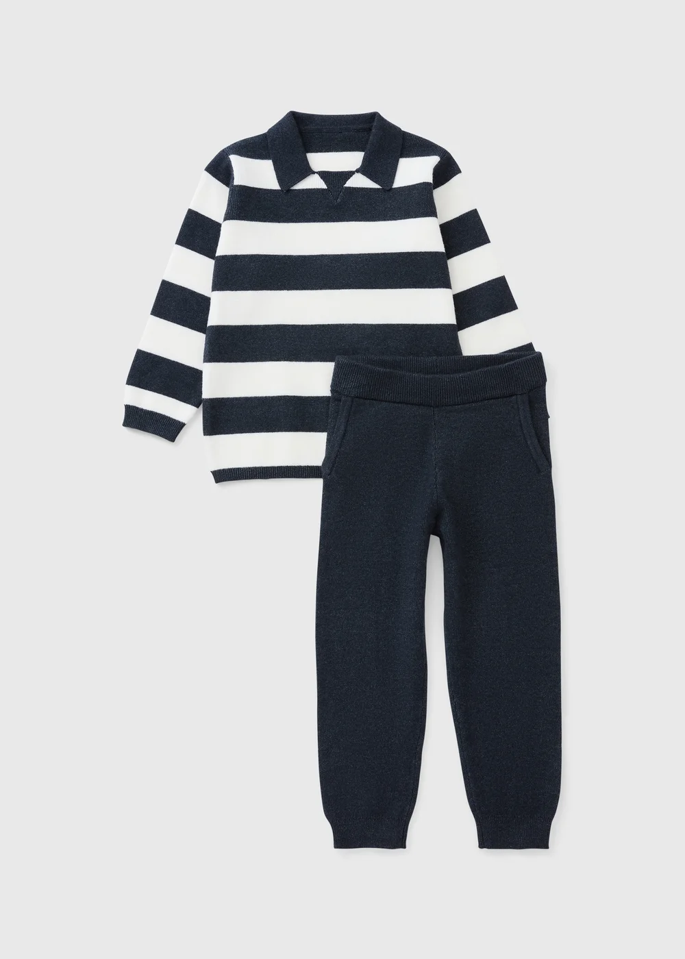 Boys Navy/Cream Stripe Knitted Crew Neck Polo & Jogger Set (1-8yrs) - 1-1.5 Yrs Image 1