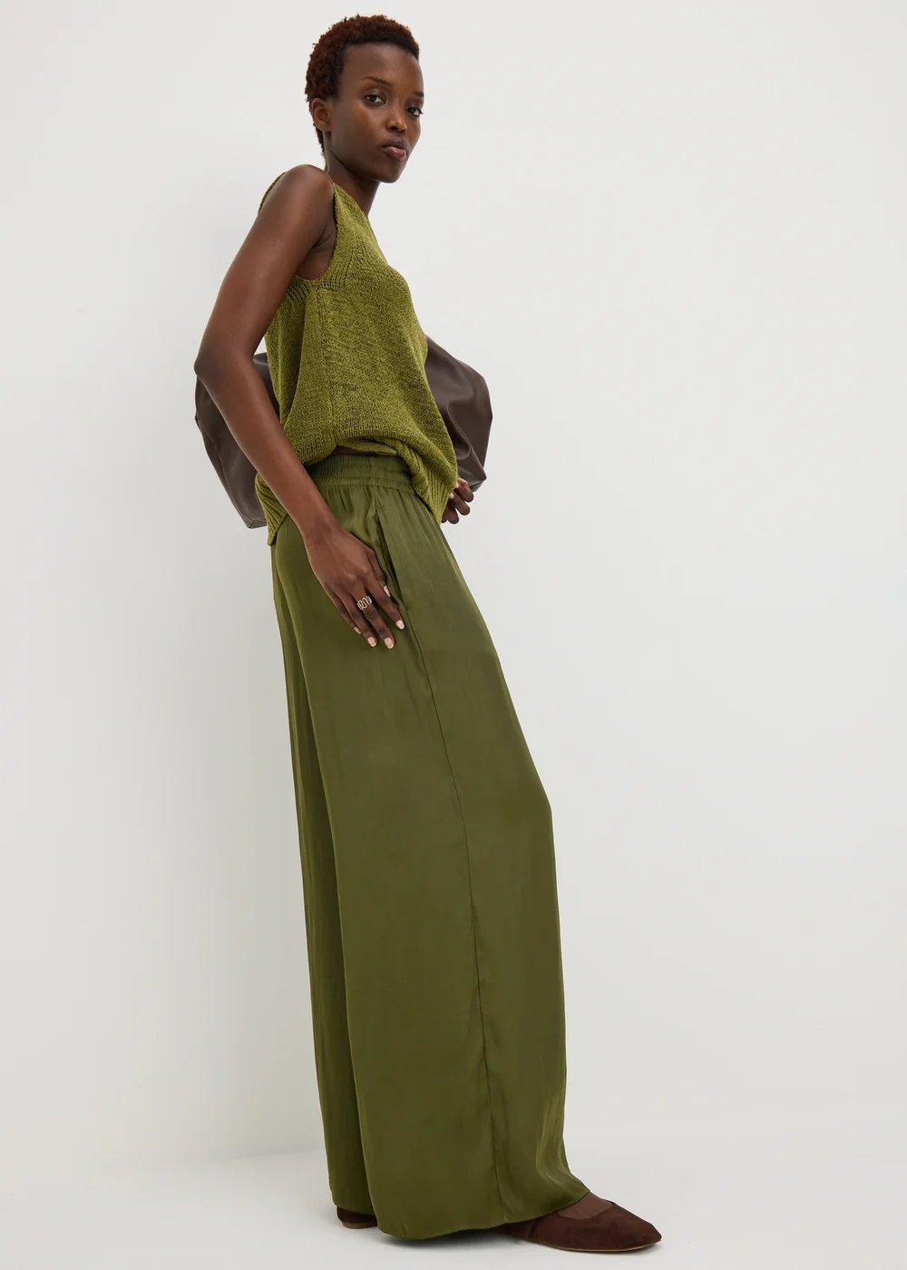 Khaki Satin Wide Leg Co Ord Trousers - 20/L29 Image 1
