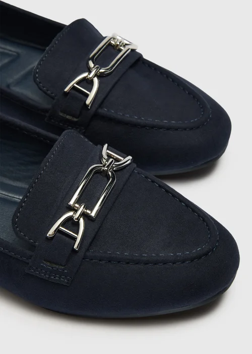Navy Faux Suede Metal Bar Loafers - 3 Image 2