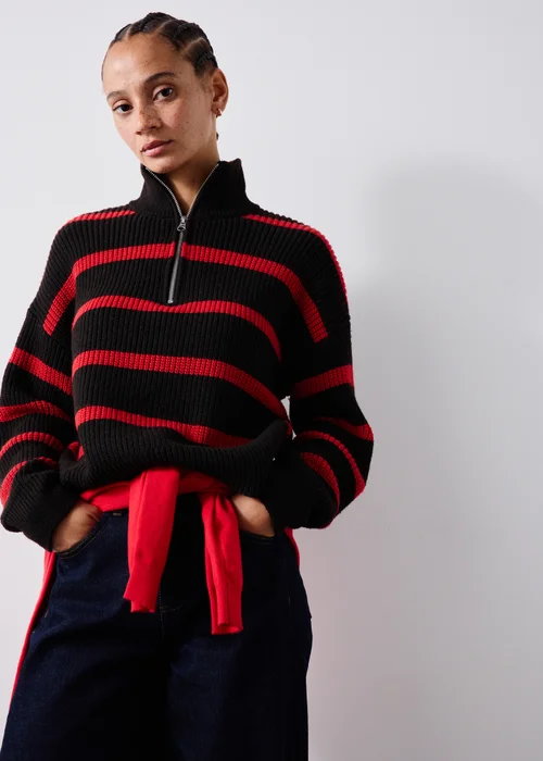 Chocolate Brown Striped Quarter Zip Jumper - XS Image 1