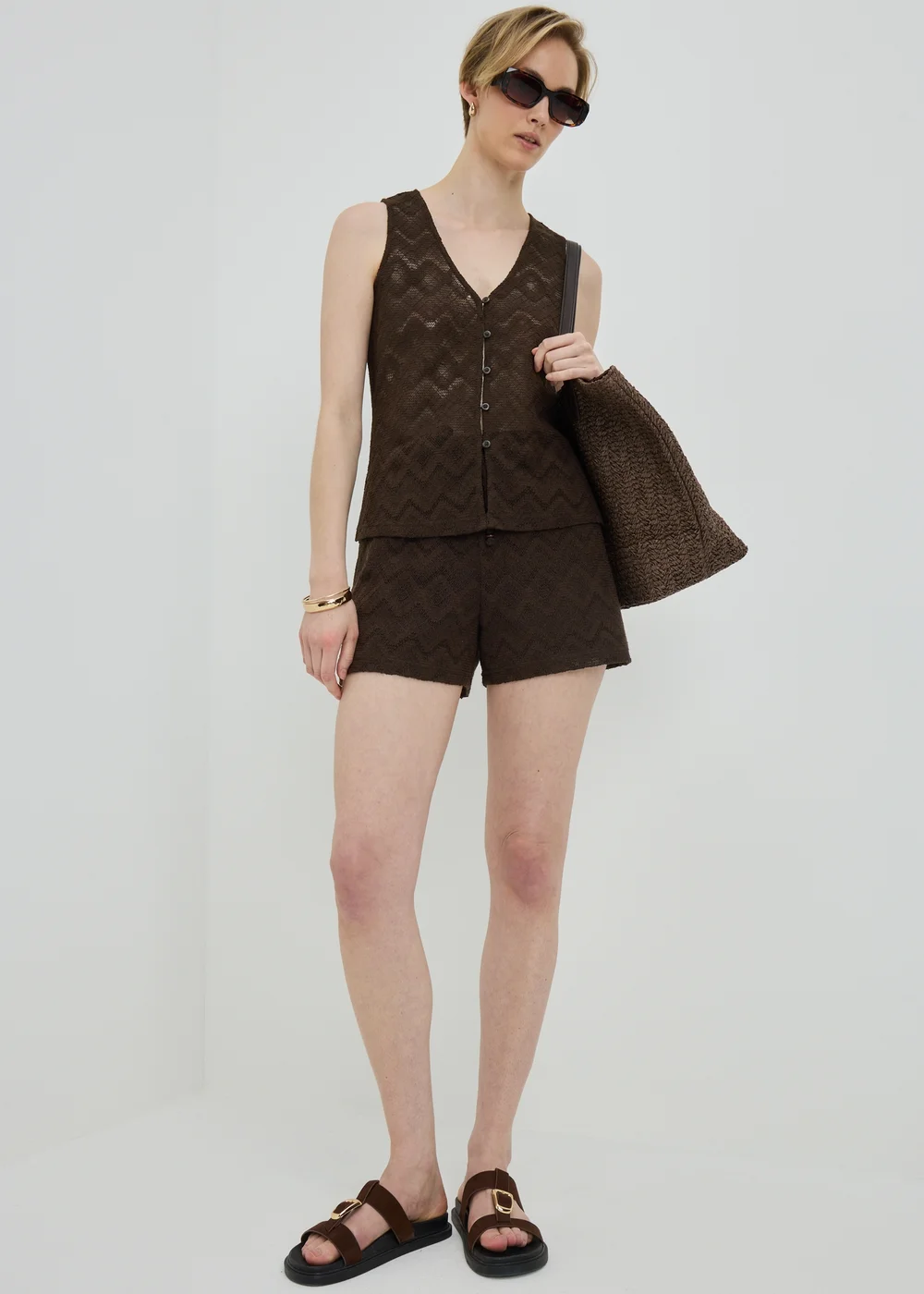 Chocolate Brown Zig Zag Co Ord Shorts - L Image 1