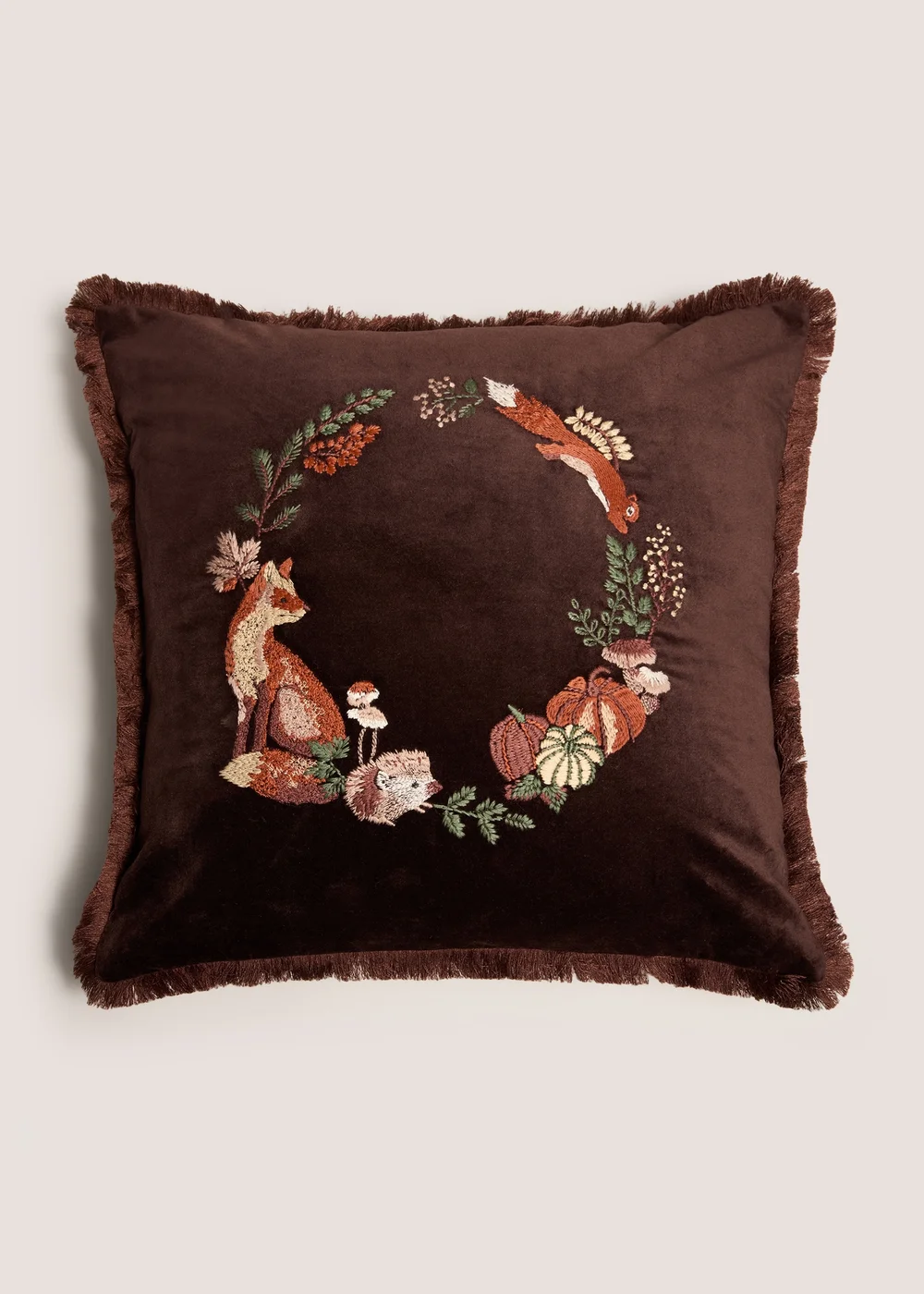 Brown Fox Embroidered Fringe Cushion Image 1