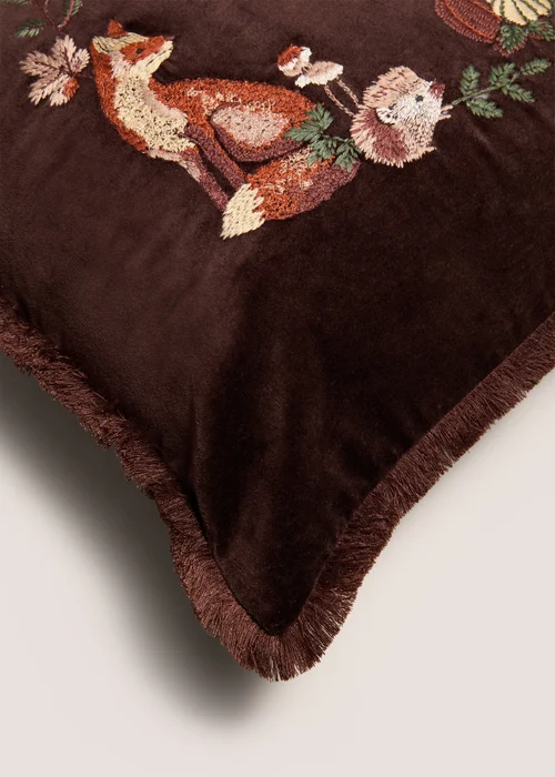 Brown Fox Embroidered Fringe Cushion Image 2