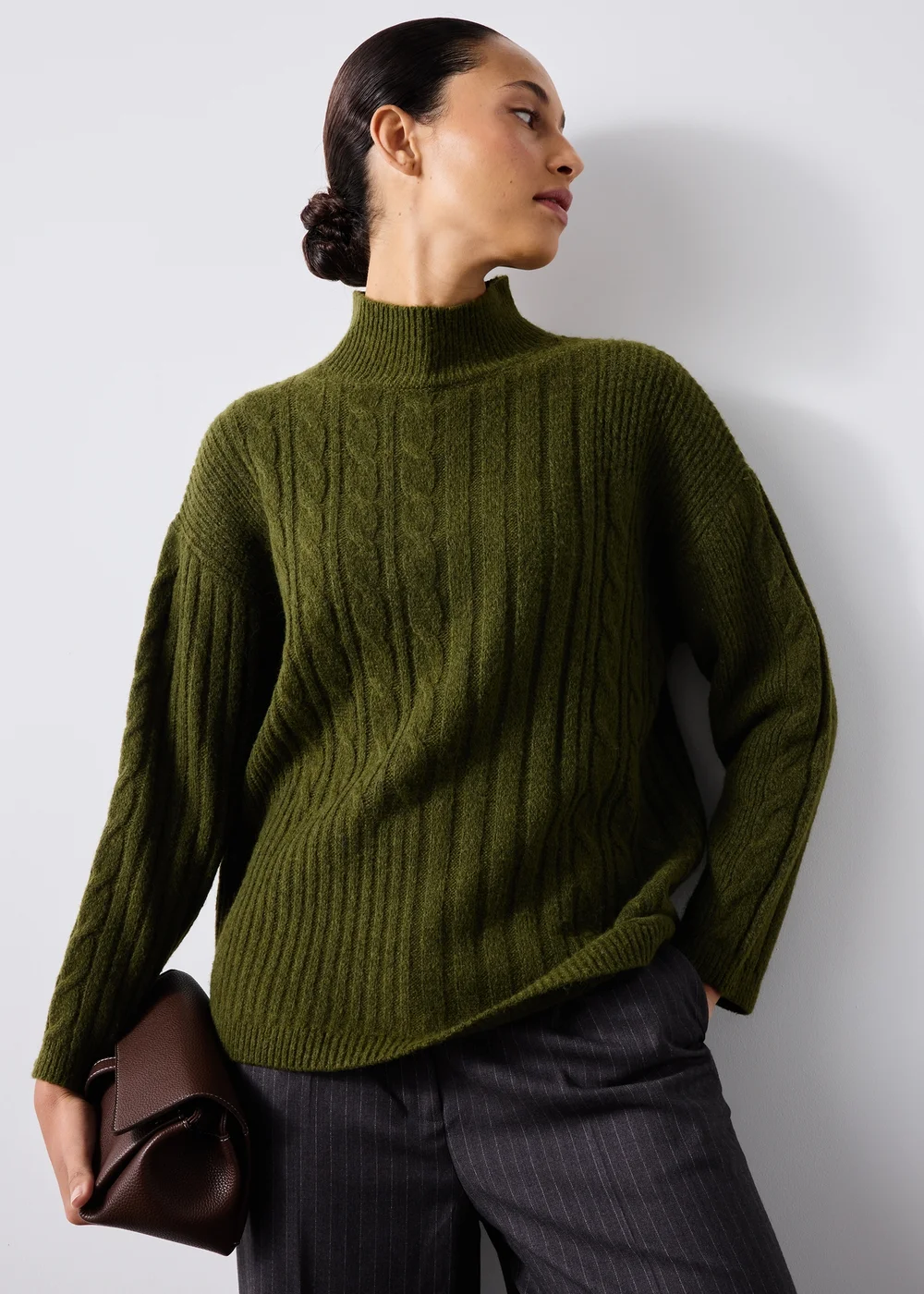 Khaki High Neck Cable Knit Jumper - XS Image 1