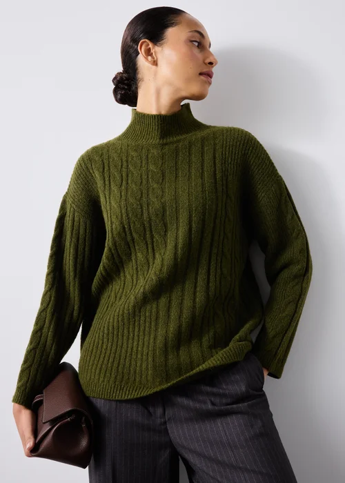 Khaki High Neck Cable Knit Jumper - XS Image 1
