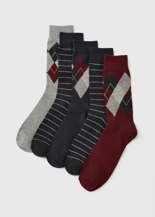 5 Pack Burgundy Argyle Pattern Ankle Socks - 6-8.5 Image 1