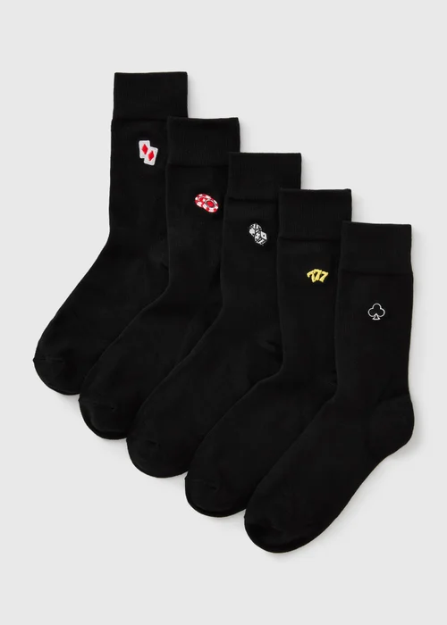 5 Pack Black Casino Embroidered Ankle Socks - 6-8.5 Image 1