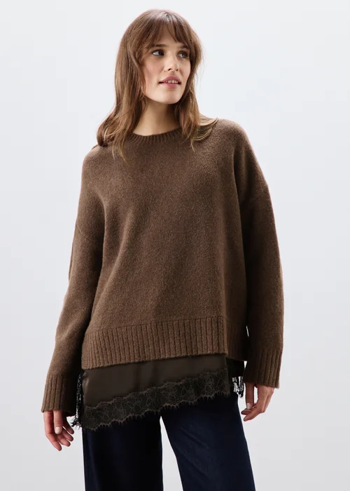 Chocolate Brown Lace Hem Knitted Jumper - XS Image 1