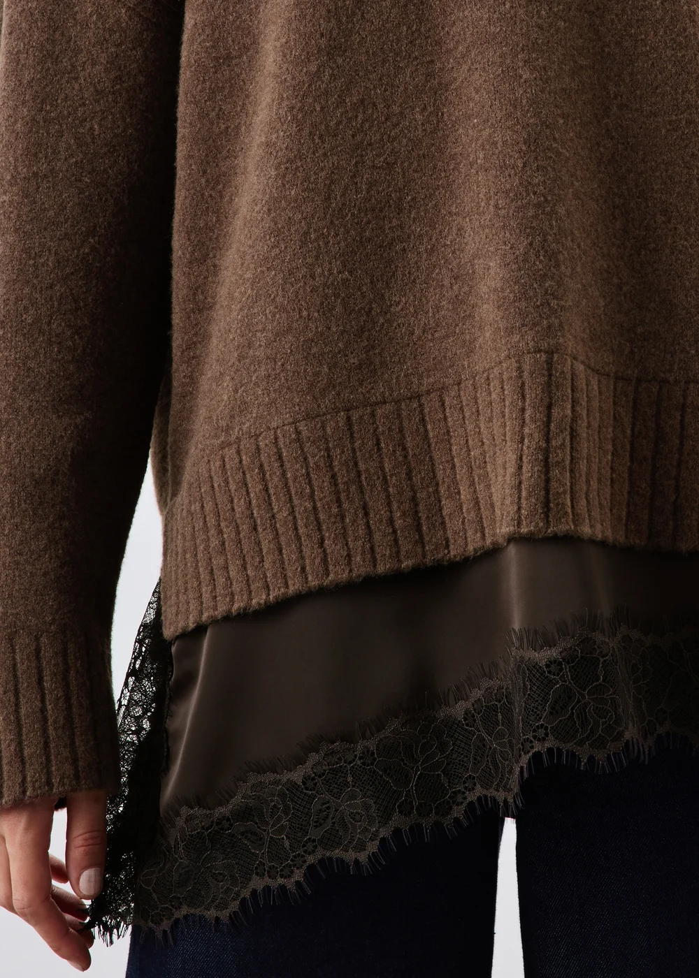 Chocolate Brown Lace Hem Knitted Jumper - XS Image 3