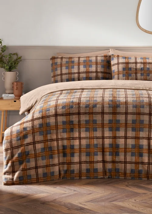 Faux Fur Multicolour Check Duvet Set - Single Image 1