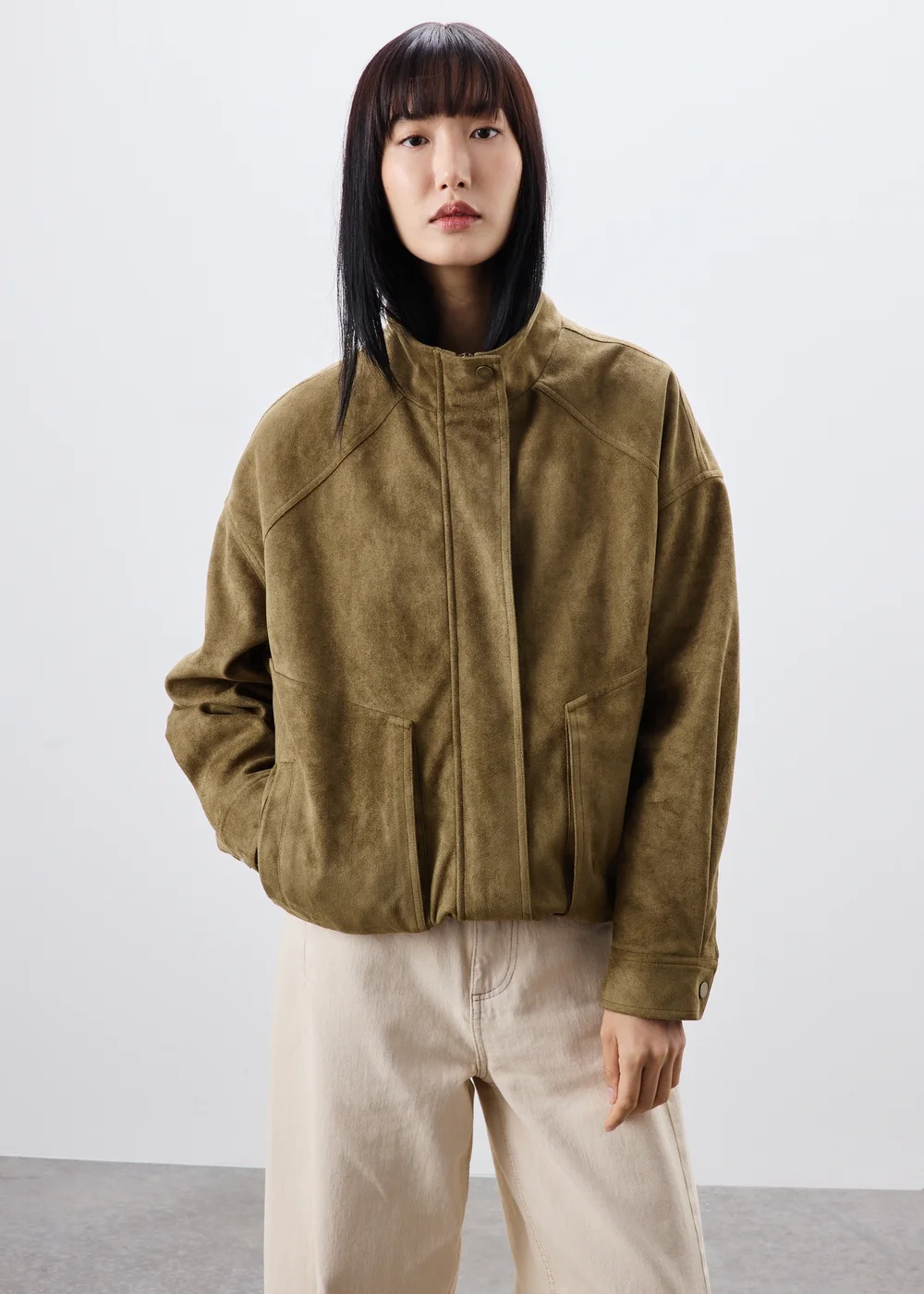 Khaki Suedette Funnel Neck Bomber Jacket - 8 Image 1