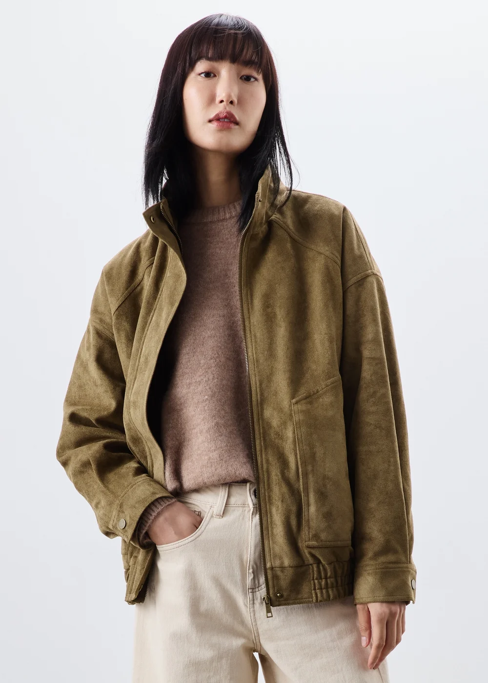 Khaki Suedette Funnel Neck Bomber Jacket - 8 Image 4