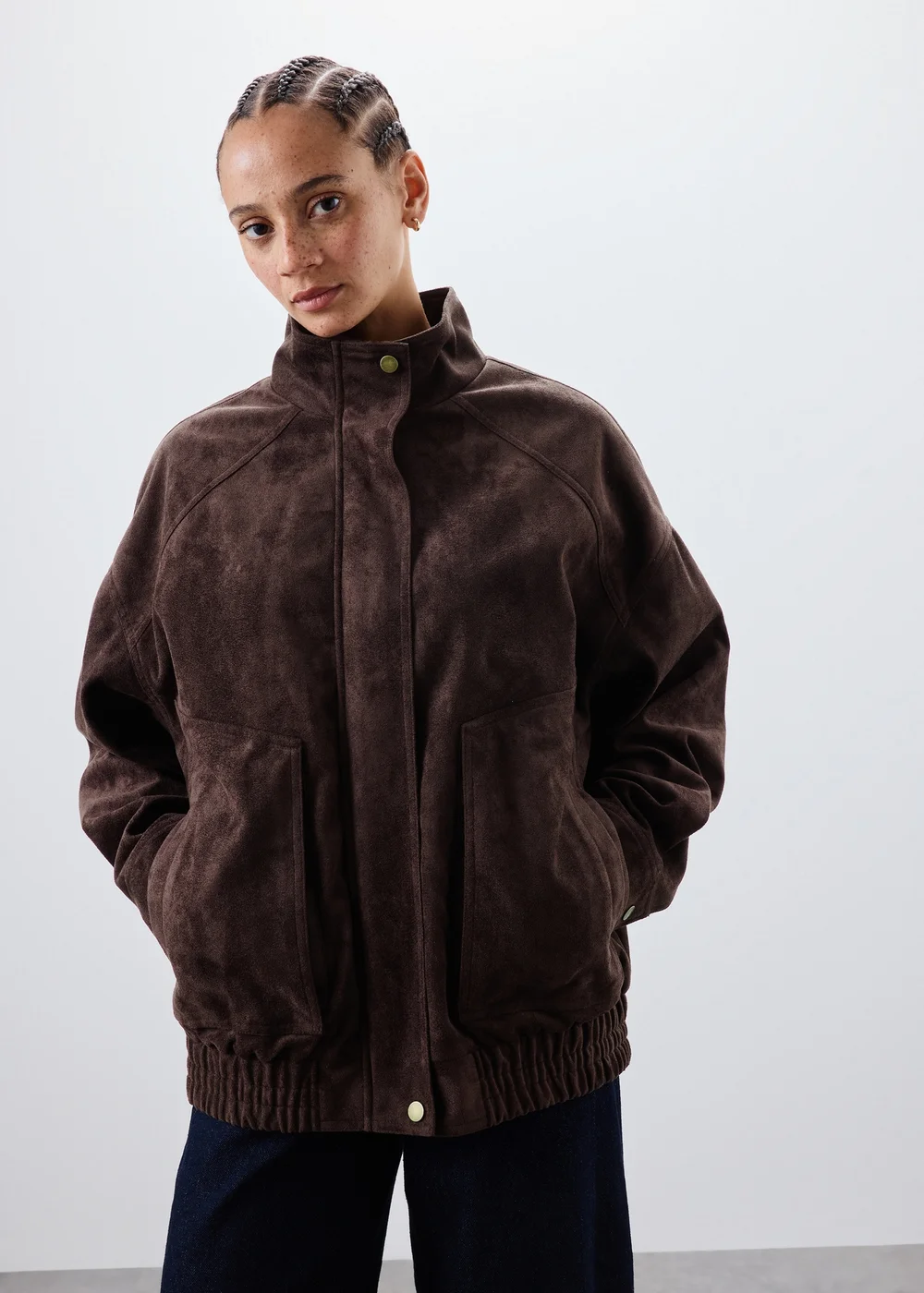 Chocolate Brown Suedette Funnel Neck Bomber Jacket - 8 Image 1