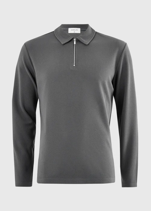 Dark Grey Jacquard Smart Long Sleeve Co Ord Polo Shirt - S Image 4
