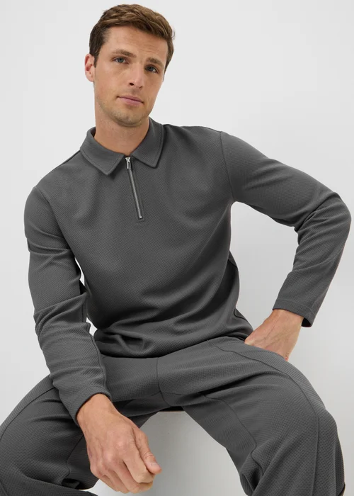 Dark Grey Jacquard Smart Long Sleeve Co Ord Polo Shirt - S Image 1
