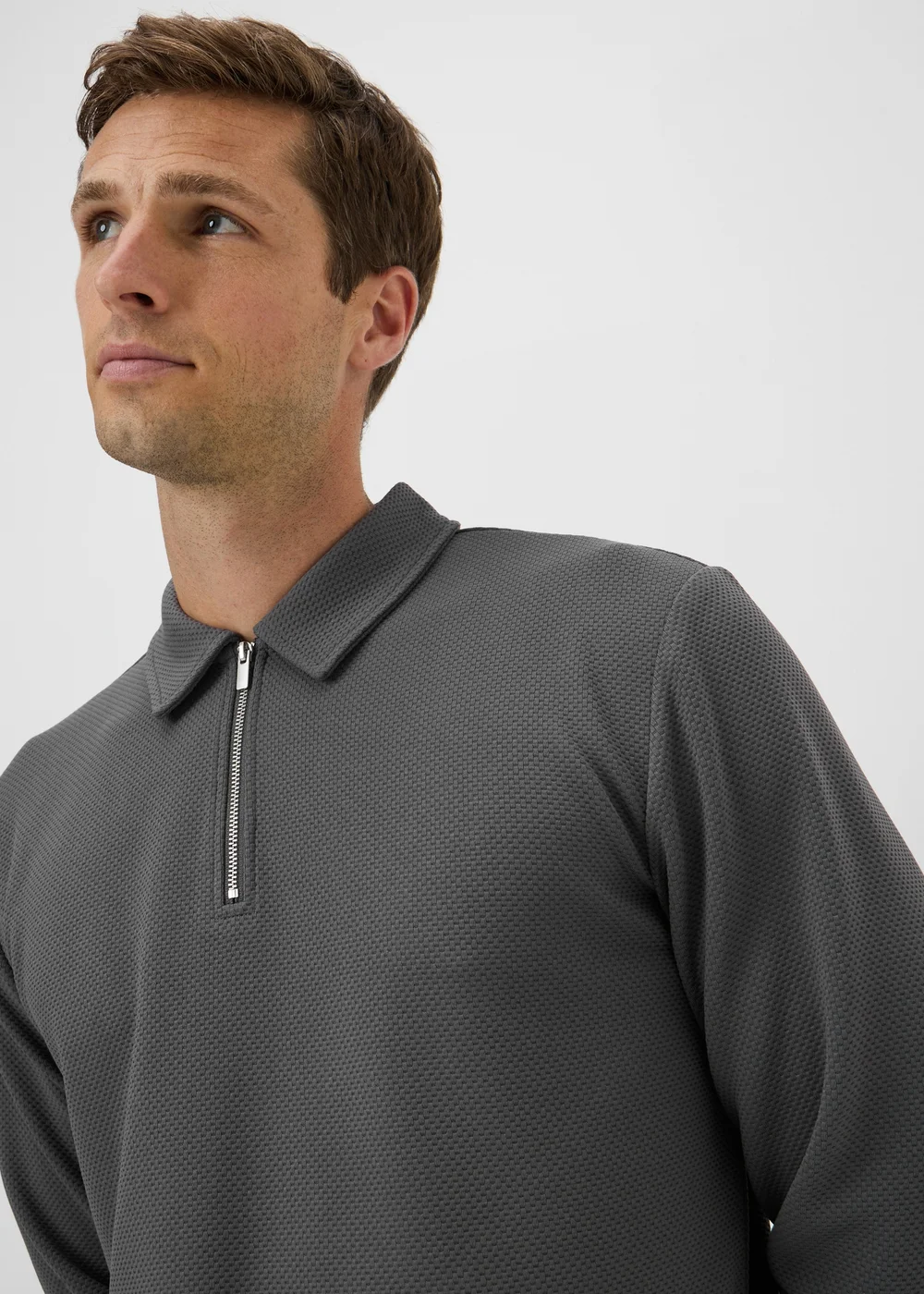 Dark Grey Jacquard Smart Long Sleeve Co Ord Polo Shirt - S Image 3
