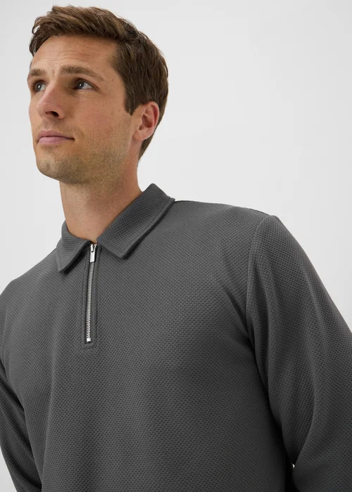 Dark Grey Jacquard Smart Long Sleeve Co Ord Polo Shirt - S Image 3