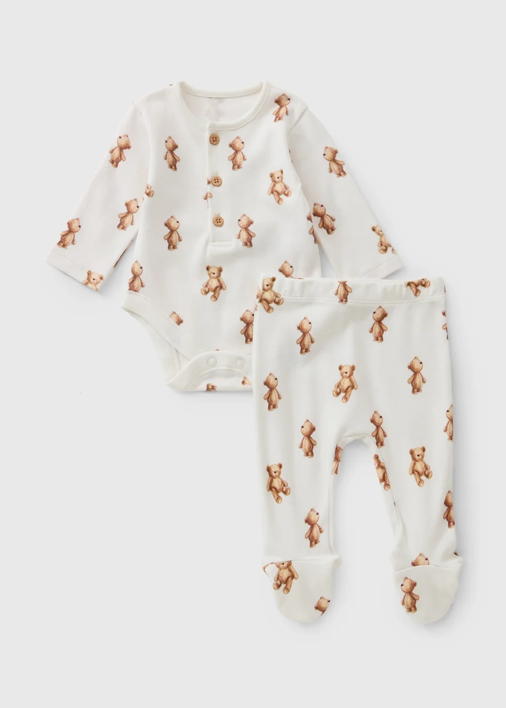 Baby Cream Patch Teddy Print Bodysuit & Trouser Set (0-18mths) - First Size Image 1