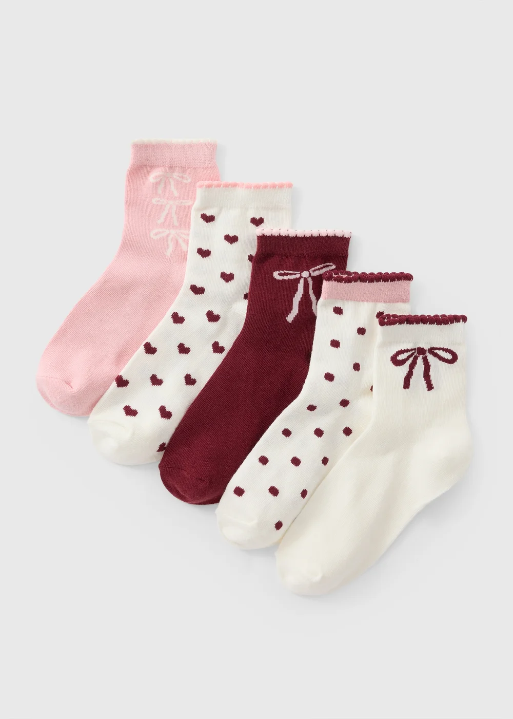 5 Pack Girls Burgundy Bow Ankle Socks (Younger 6-Older 6.5) - 4-6.5 Image 1