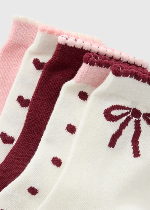 5 Pack Girls Burgundy Bow Ankle Socks (Younger 6-Older 6.5) - 4-6.5 Image 2