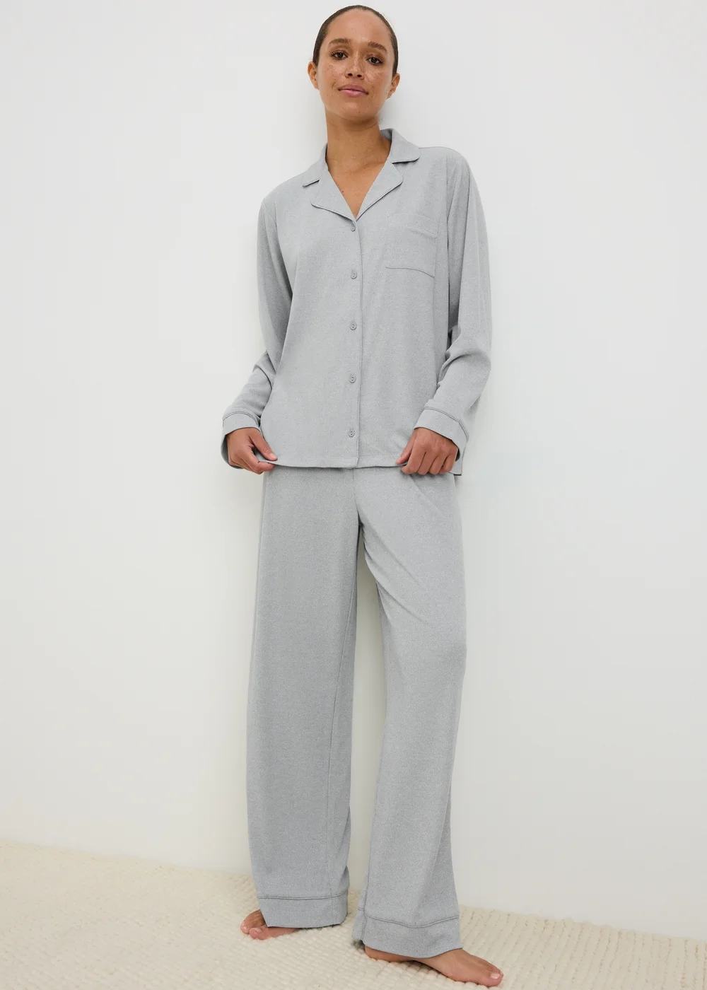Grey Ribbed Button Up Pyjama Set - XS Image 1
