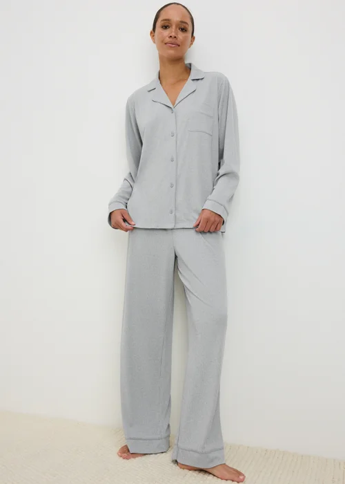 Grey Ribbed Button Up Pyjama Set - XS Image 1