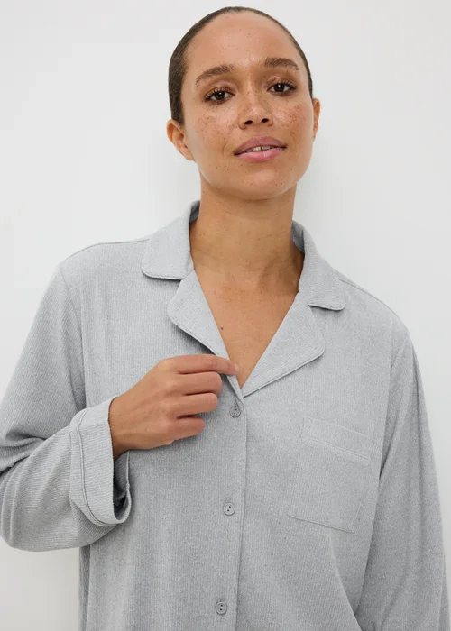 Grey Ribbed Button Up Pyjama Set - XS Image 2
