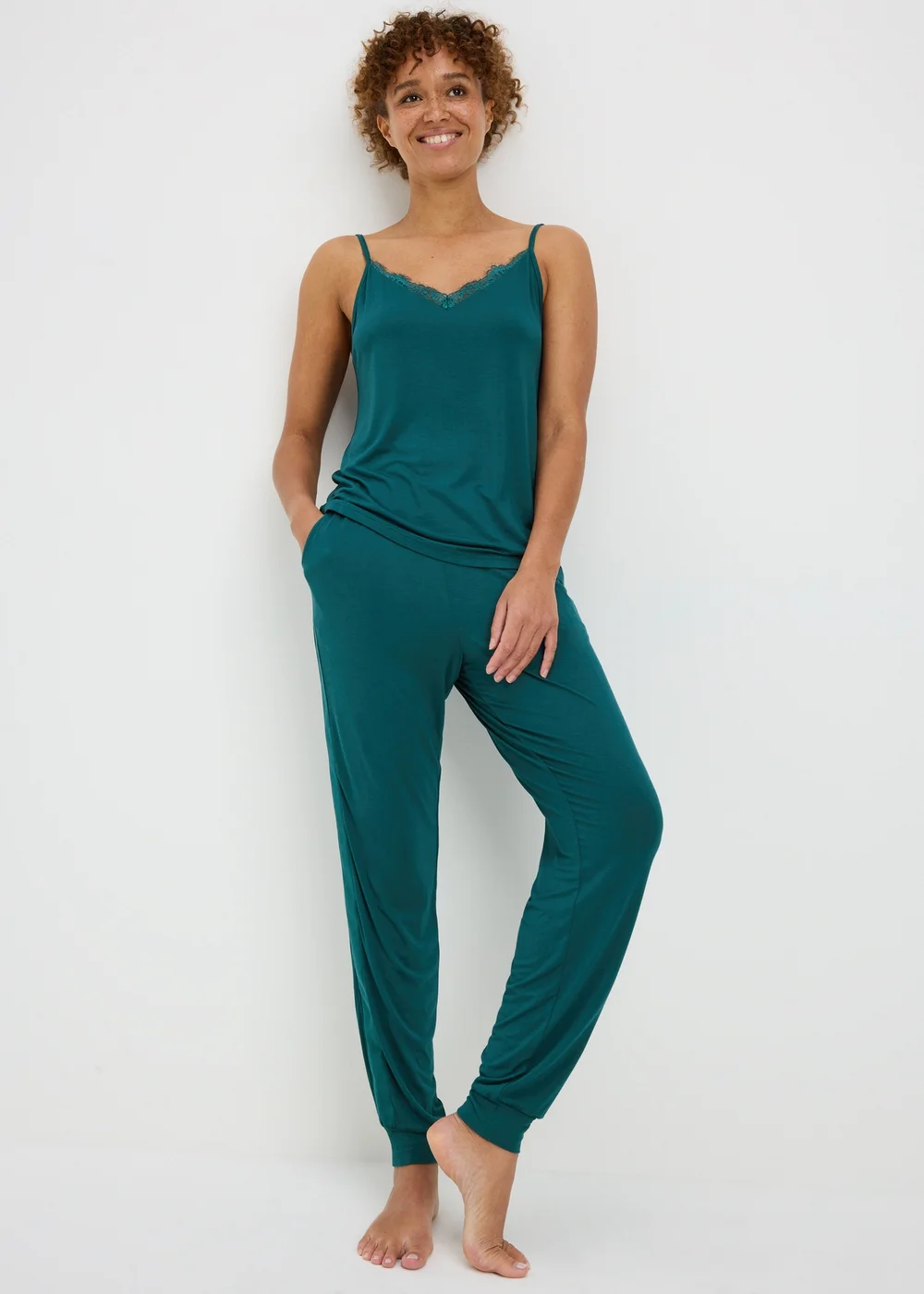 Teal Satin Cuffed Pyjama Jogging Bottoms - XS Image 1