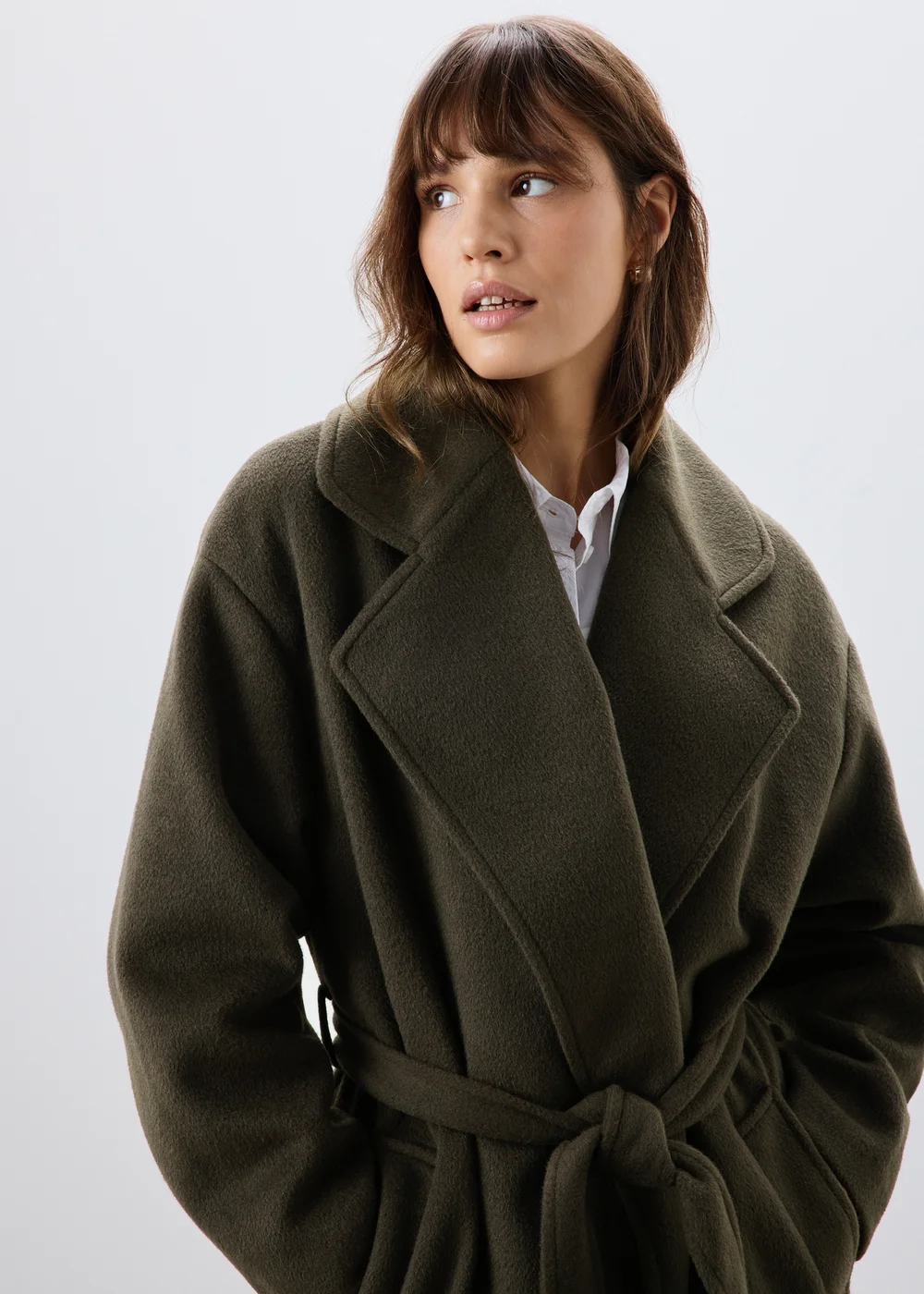 Olive Longline Belted Wrap Coat - S Image 4