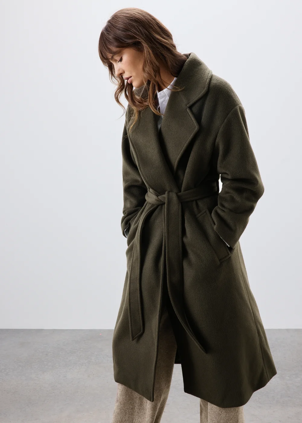 Olive Longline Belted Wrap Coat - S Image 5