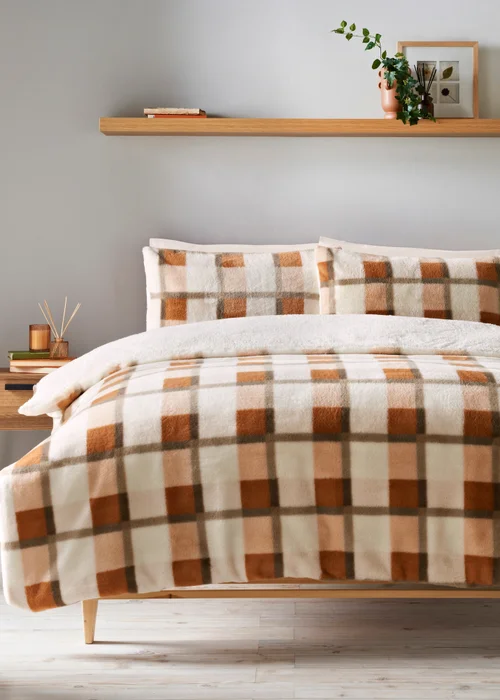 Orange Check Fleece Duvet Set - Single Image 1