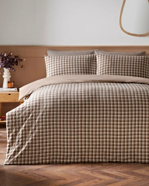 Brown Woven Check Duvet Set - Double Image 1