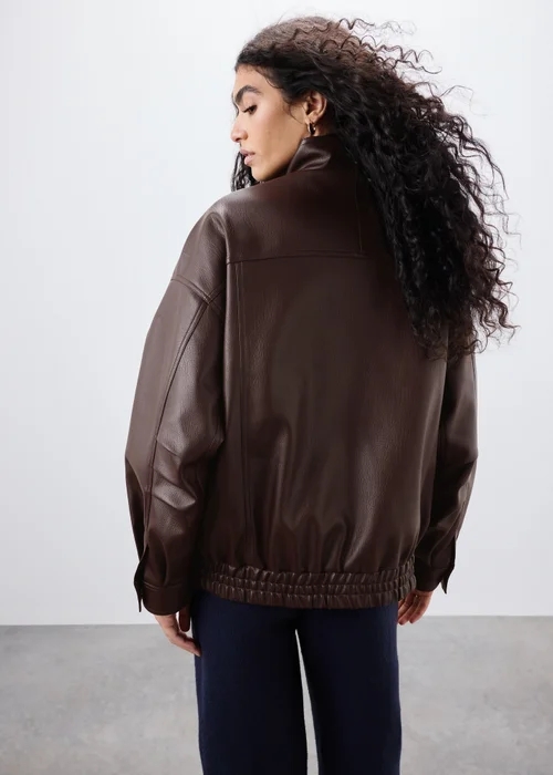 Brown Faux Leather Bomber Jacket - 12 Image 3