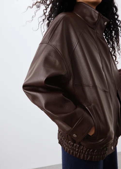 Brown Faux Leather Bomber Jacket - 12 Image 5