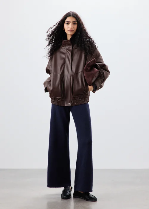 Brown Faux Leather Bomber Jacket - 12 Image 6