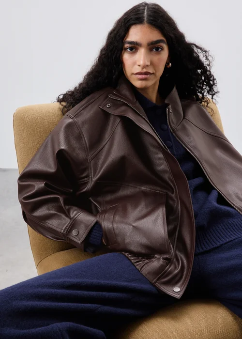 Brown Faux Leather Bomber Jacket - 12 Image 1