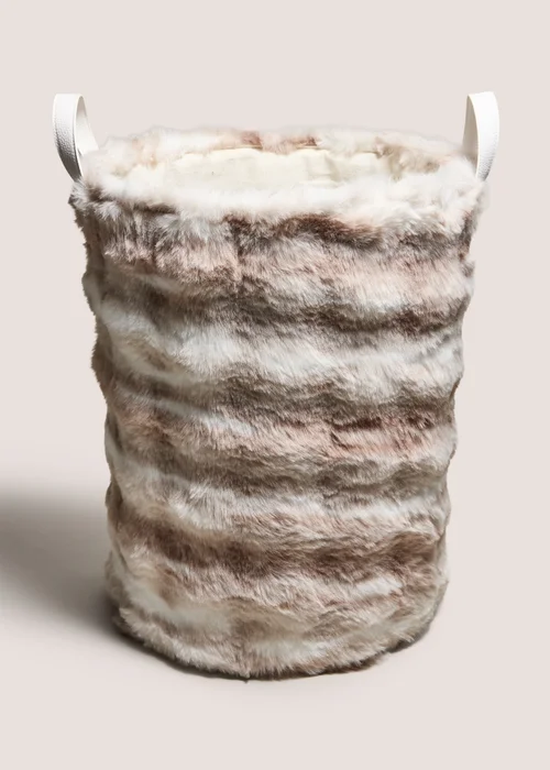 Beige Faux Fur Laundry Basket Image 1