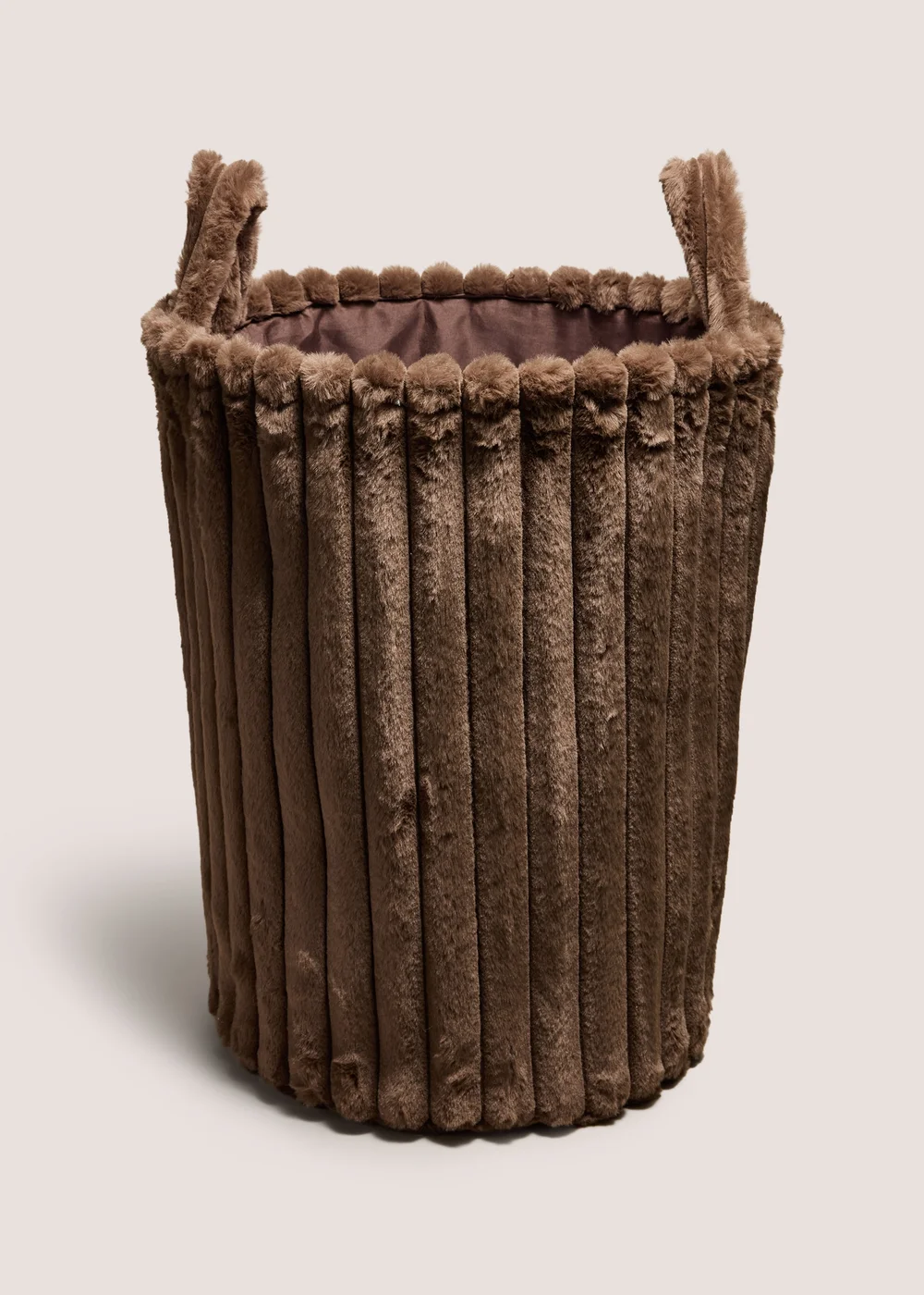 Ribbed Faux Fur Brown Laundry Basket Image 1