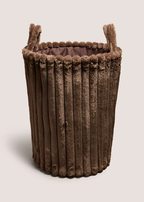 Ribbed Faux Fur Brown Laundry Basket Image 1