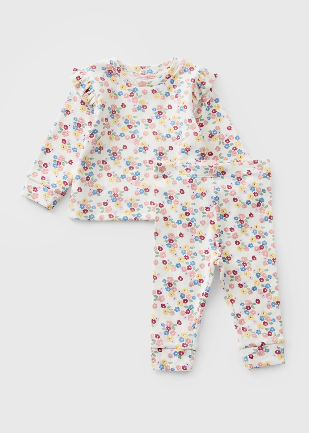 Baby Cream Ribbed Floral Top & Leggings Set (Newborn - 23mths) - Up to 1 Month Image 1