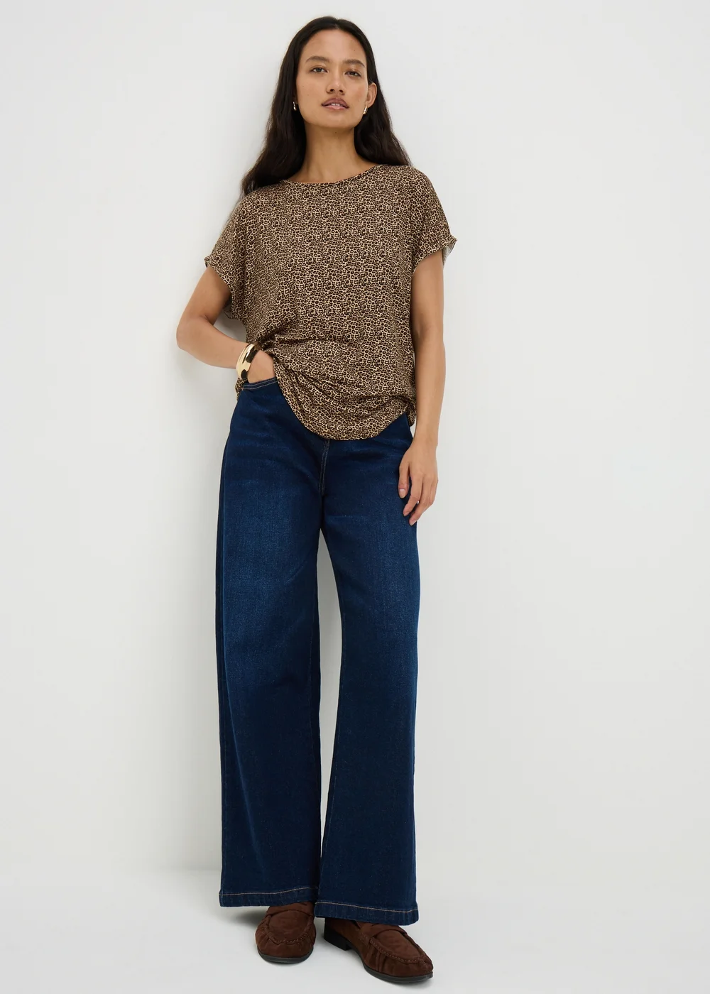 Brown Leopard Print Relaxed Longline T-Shirt - M Image 1