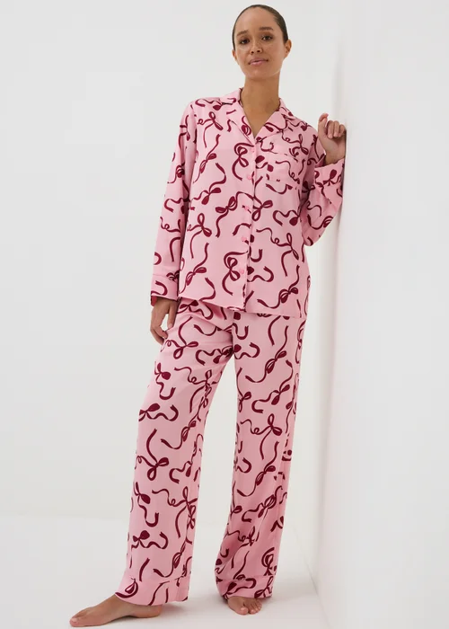 Pink Satin Bow Wide Leg Pyjama Set - 8 Image 1