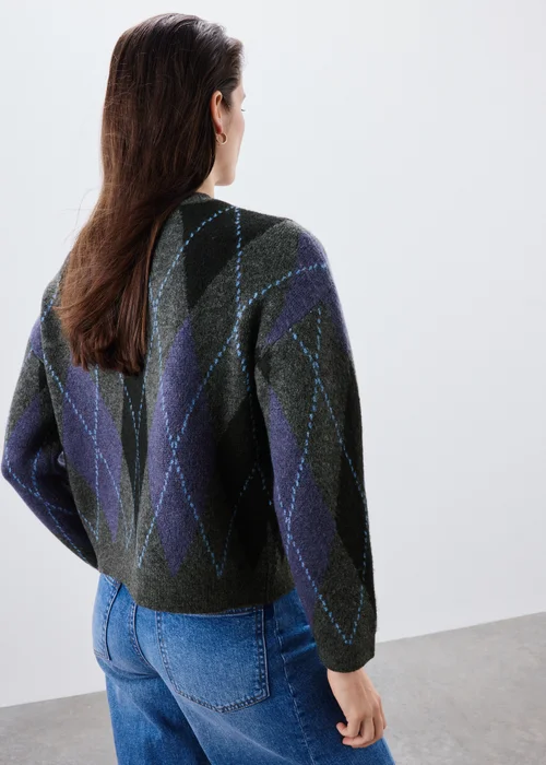 Blue Argyle Crew Neck Cardigan - XS Image 3