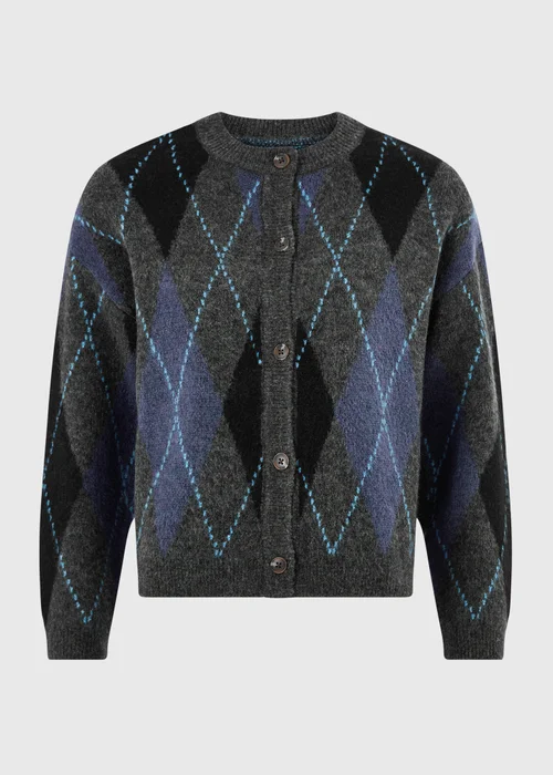Blue Argyle Crew Neck Cardigan - XS Image 5